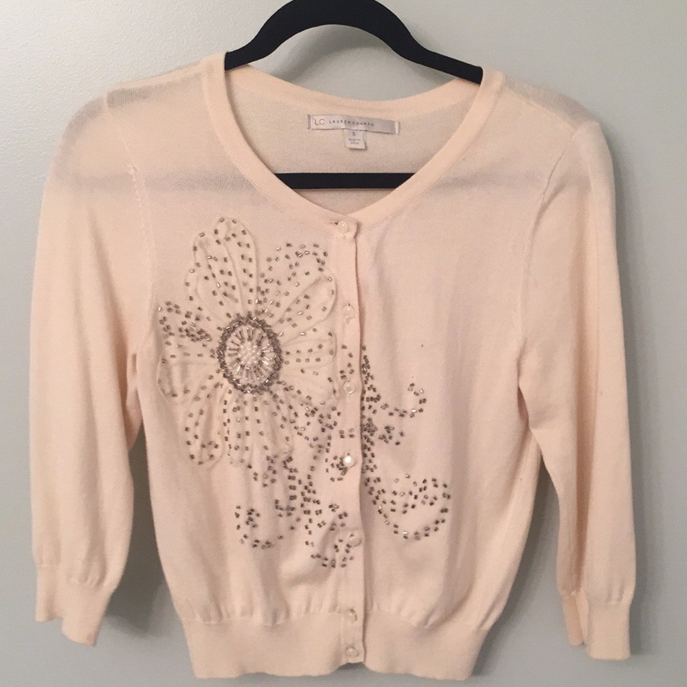 Cropped cream embellished sweater by Lauren Conrad